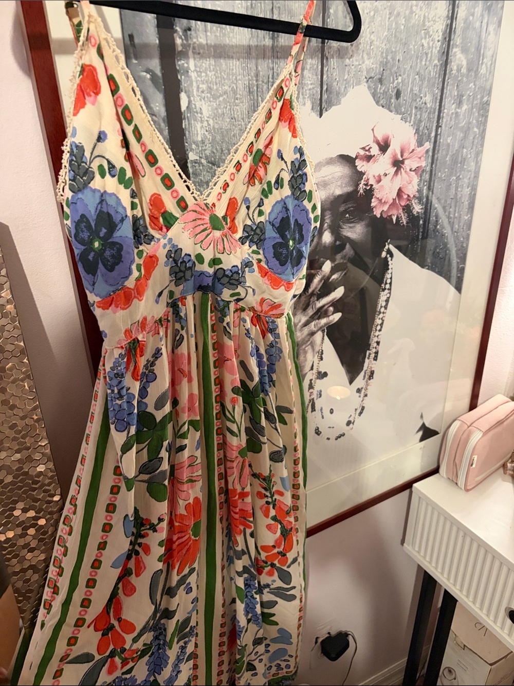 Maxi dress to ankle Floral Ivory V-Neck Sundress with Blue & Coral Blooms